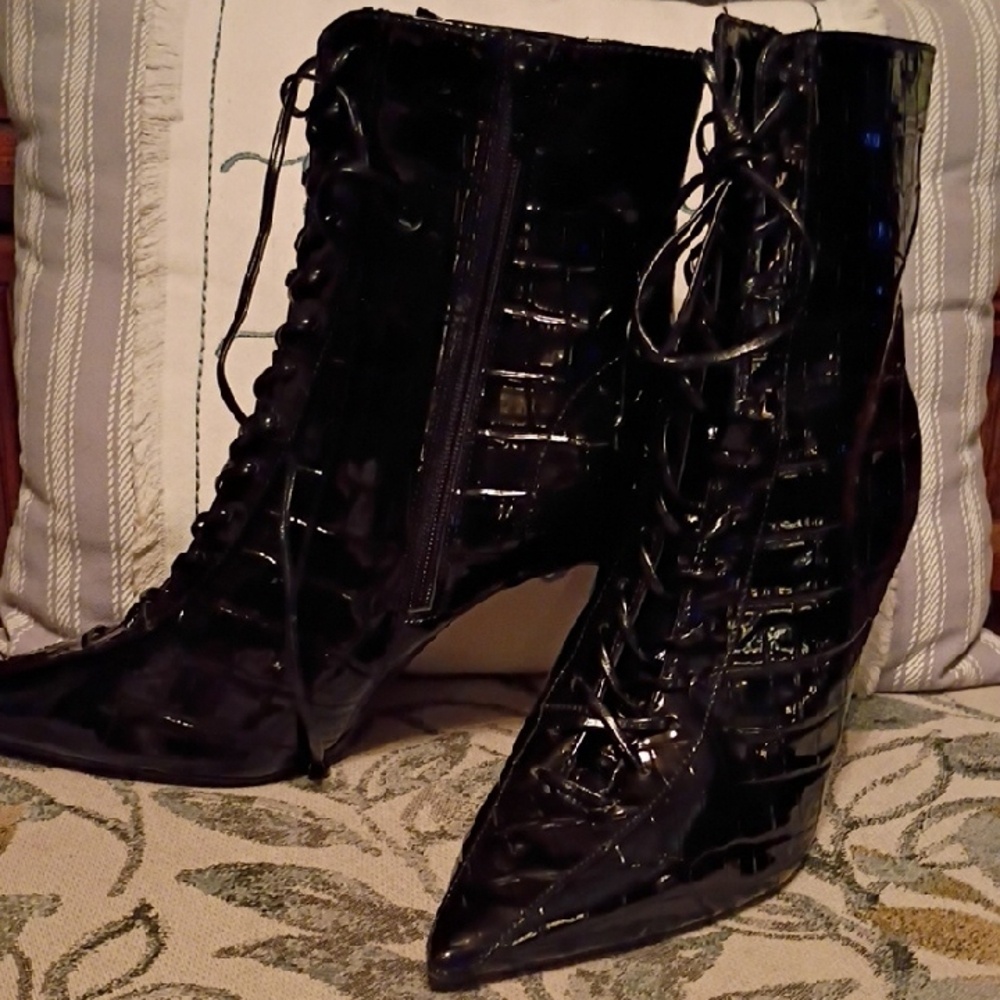 INC International Concepts Glossy Black Lace-Up Boots